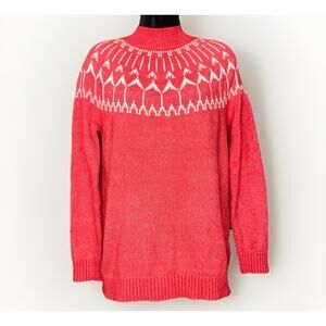 TALBOTS Medium Petite MP Fair Isle Mock Neck Wool Blend Sweater Coral Orange